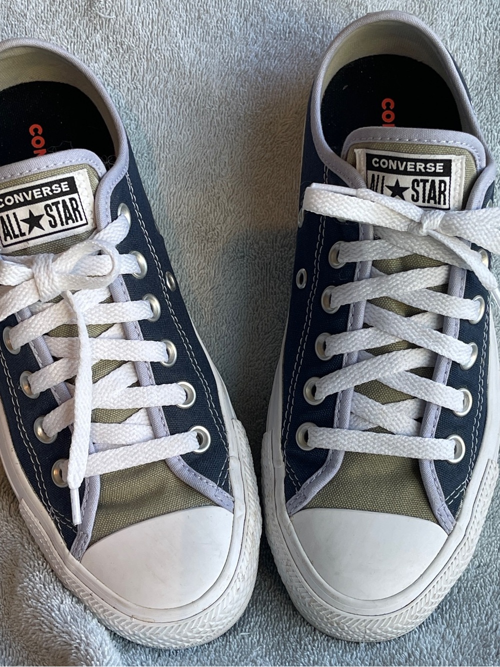 Converse Low Top Canvas Sneakers in Navy and Olive with White Accents